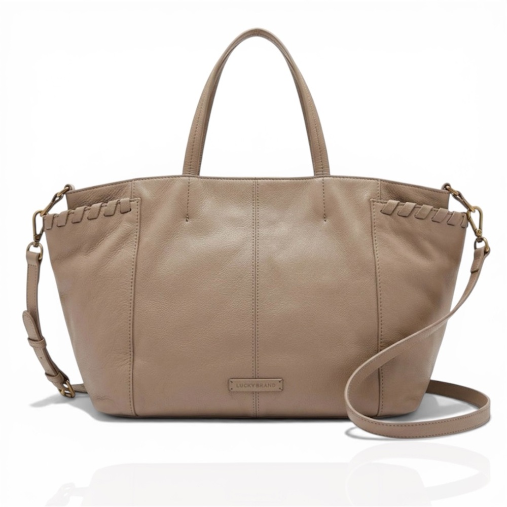 Lucky Brand Leather Don Tote Taupe Mushroom Braided Hobo Satchel Shoulder Bag
